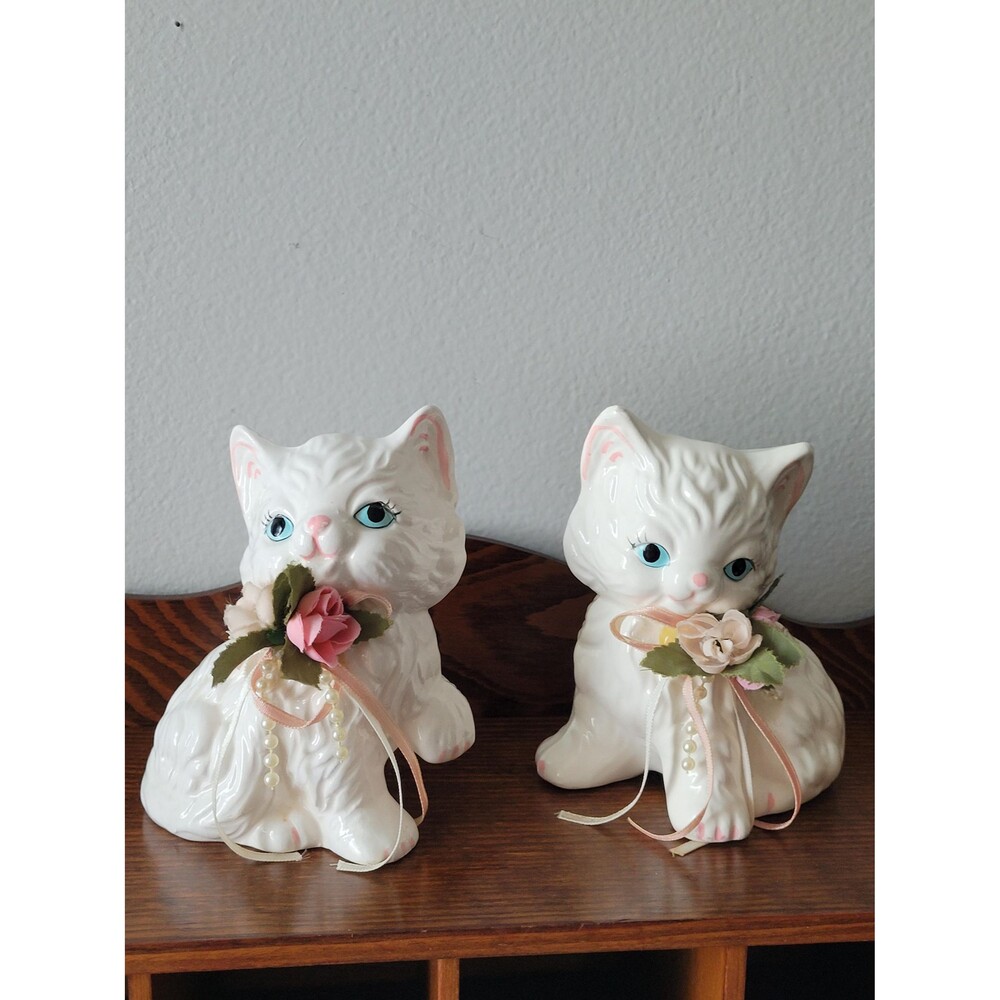 Vintage White Cat Figurines Long Fur Blue Eyes Set of 2